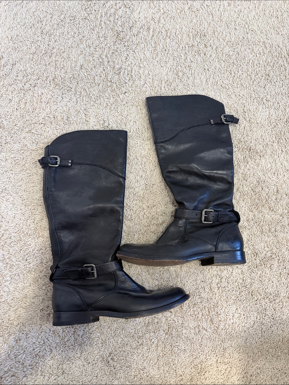 Frye Black Leather Over-the-Knee Buckle Riding Boots